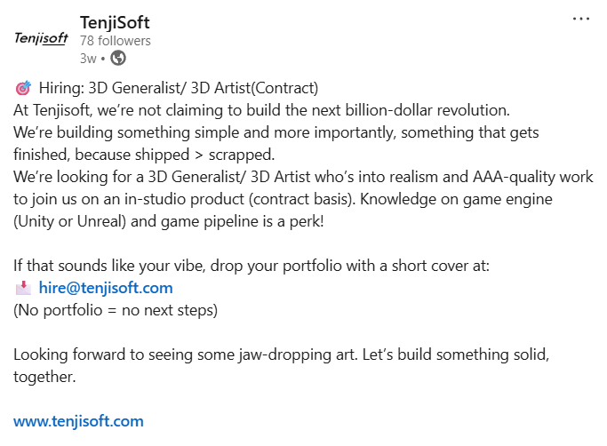 Game studio job posting example